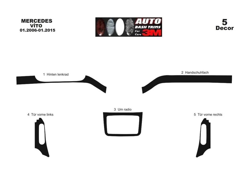 Mercedes Vito W639 2006-2015 Kit de garniture de tableau de bord intérieur 3D Dash Trim Dekor 5-Parts - 1