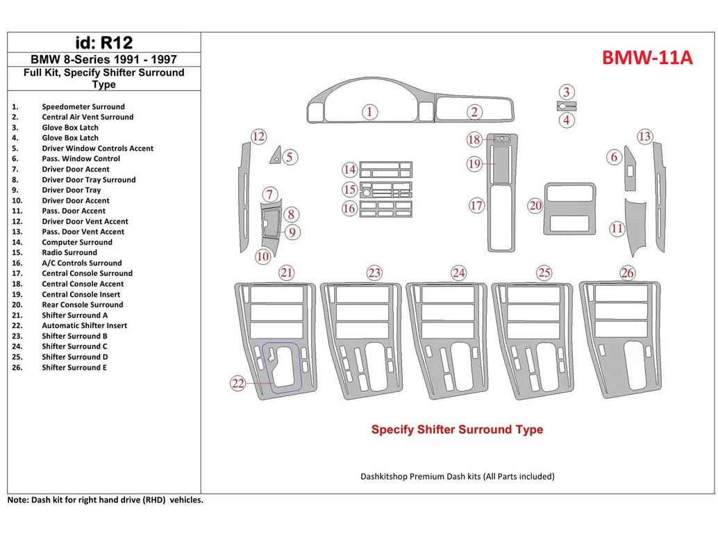 Car accessories BMW 8 1991-1997 Full Set Interior BD Dash Trim Kit