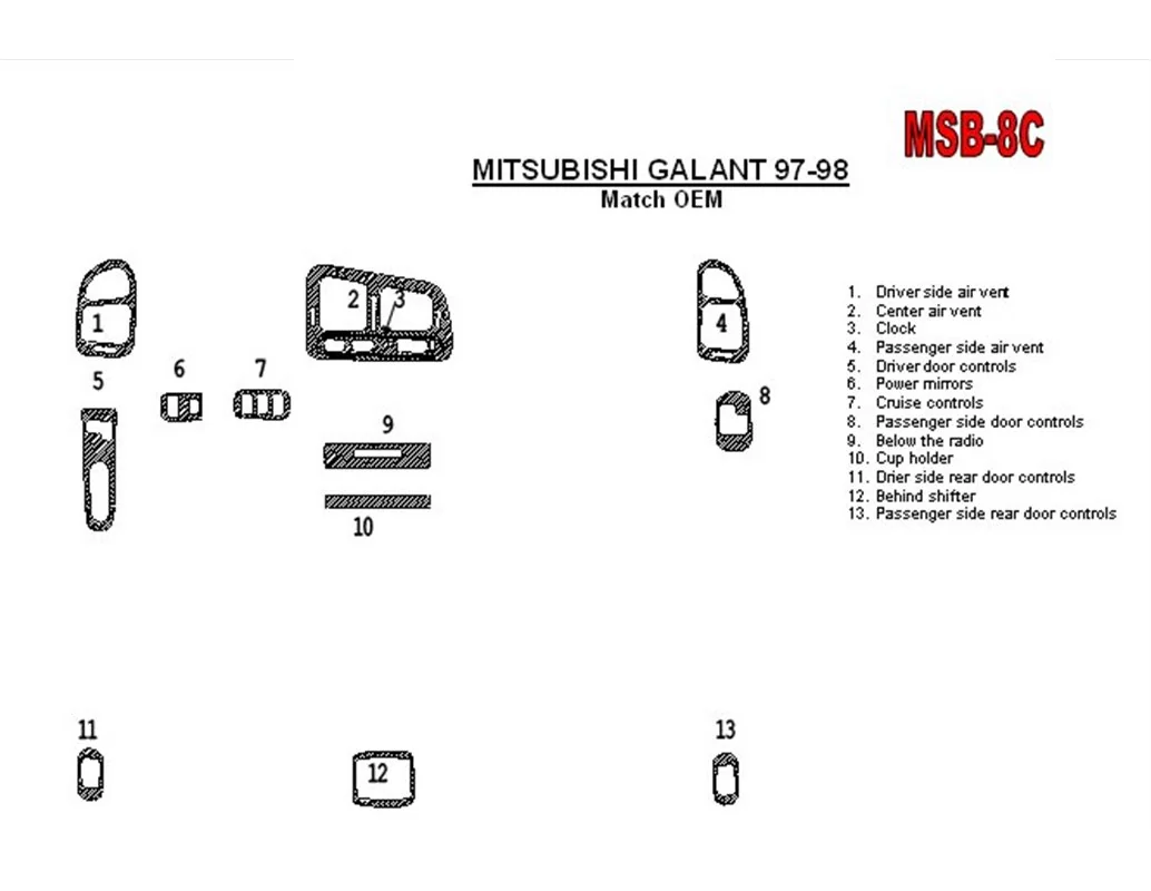Mitsubishi Galant 1994-1998 Ensemble complet, ensemble de 13 pièces Kit de garniture de tableau de bord intérieur BD - 1