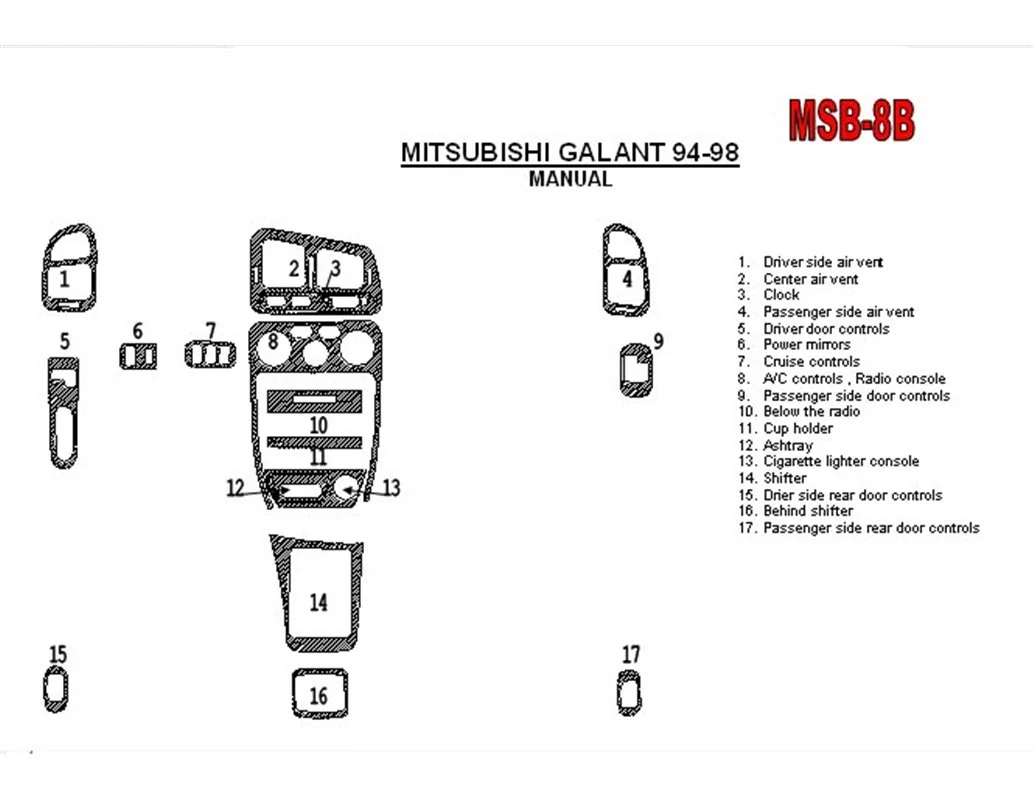 Mitsubishi Galant 1994-1998 Boîte de vitesses manuelle, mission, 17 pièces ensemble Intérieur BD Dash Trim Kit - 1