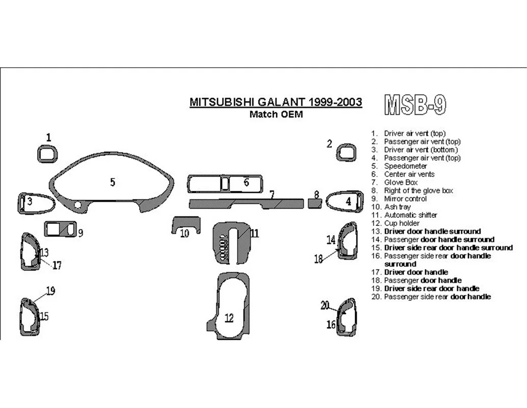 Mitsubishi Galant 1999-2003 Kit de garniture de tableau de bord BD intérieur conforme OEM - 1