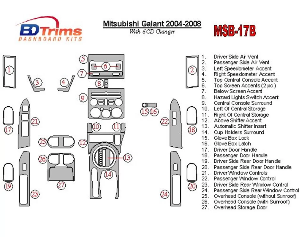 Mitsubishi Galant 2004-2008 avec kit de garniture de tableau de bord intérieur BD pour lecteur 6 CD - 1
