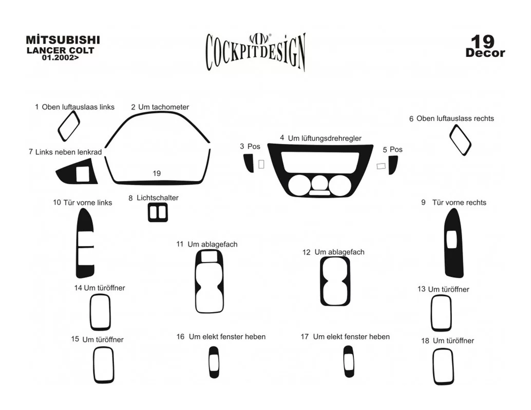Mitsubishi Lancer 06.02-12.09 Kit de garniture de tableau de bord intérieur 3D Dash Trim Dekor 19-Parts - 1