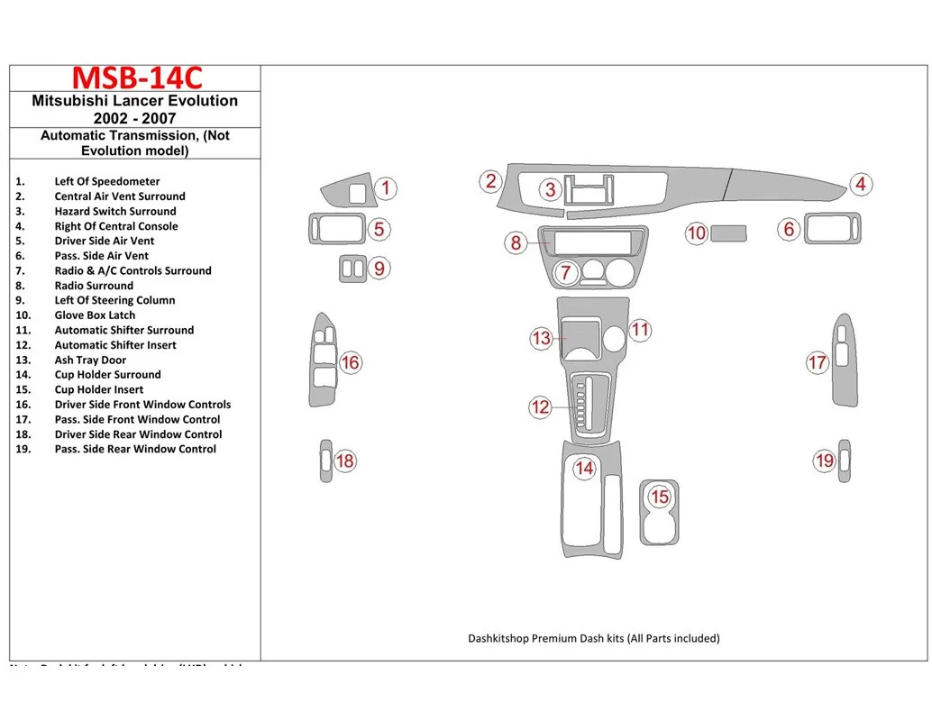 Mitsubishi Lancer 2002-2007 Automatic Gear, (?? EVOLUTION model) Interior BD Dash Trim Kit - 1