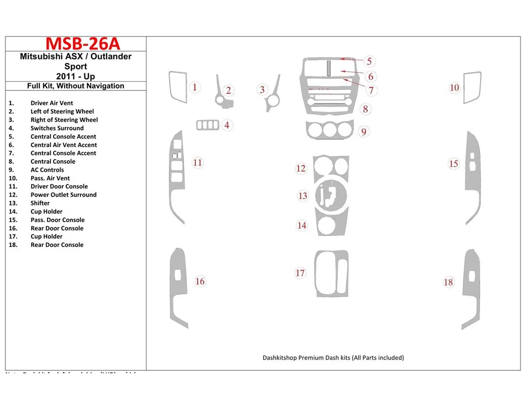 Mitsubishi Outlander ASX/Sport 2011-UP Full Set, Without NAVI Interior BD Dash Trim Kit - 1