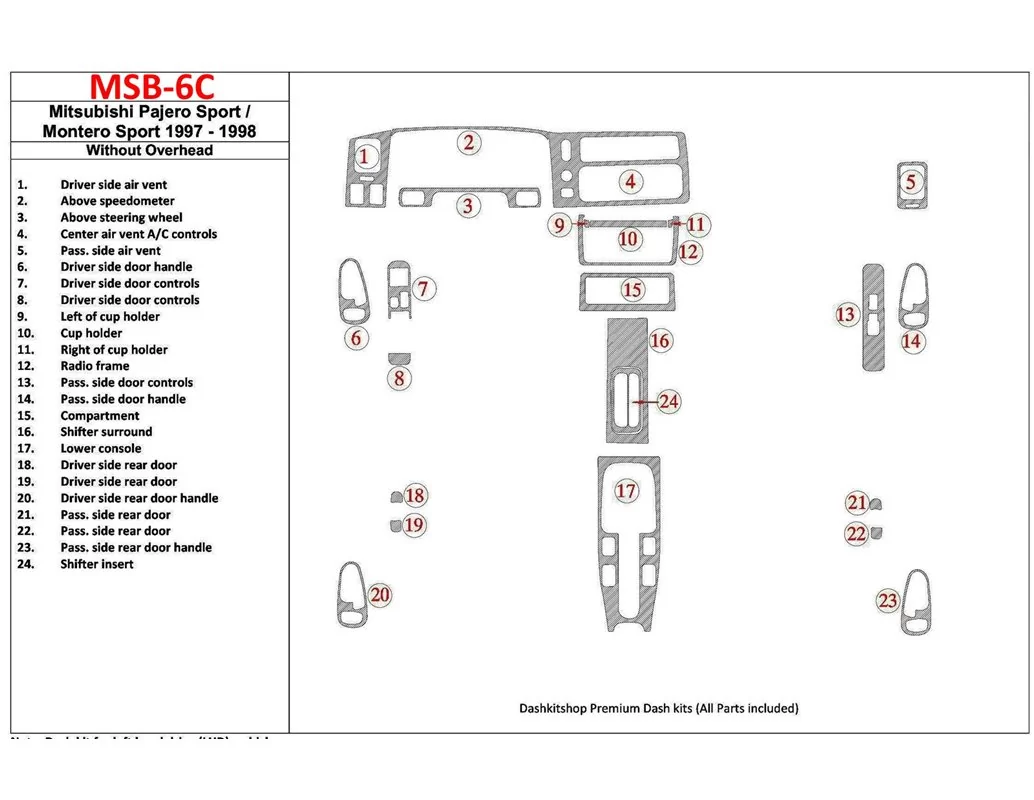 Mitsubishi Pajero Sport/Montero Sport 1998-2008 Without Overhead, 24 Parts set Interior BD Dash Trim Kit - 1