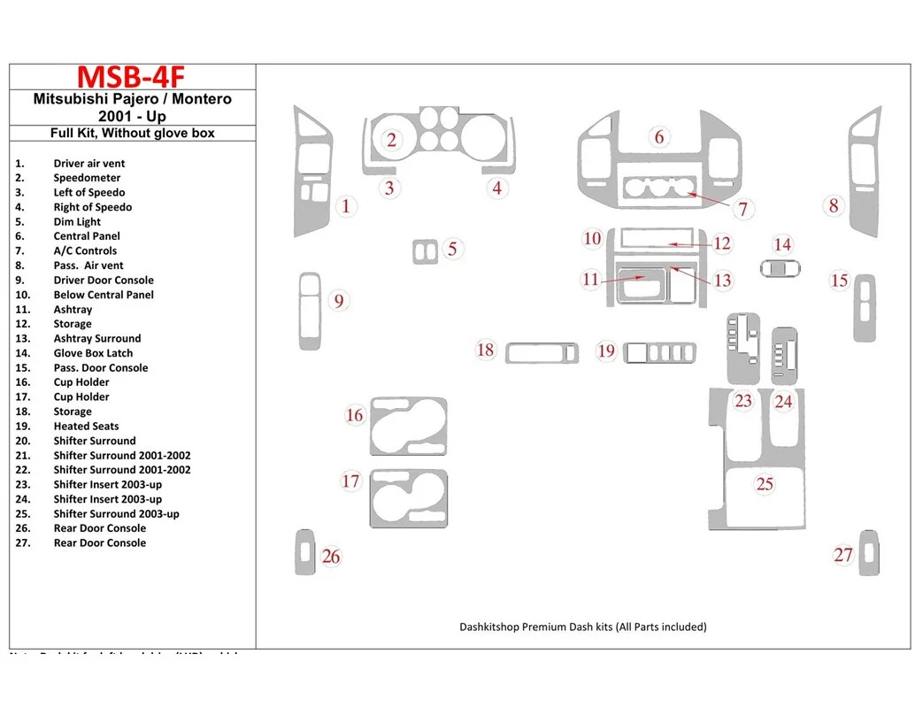Mitsubishi Pajero/Montero 2000-2006 Full Set, Without glowe-box Interior BD Dash Trim Kit - 1