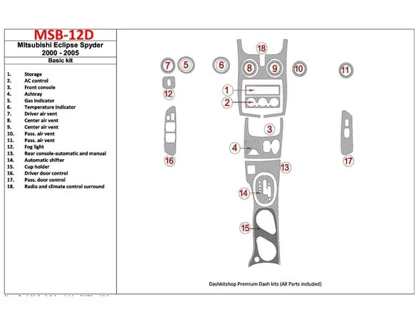 Mitsubishi Spyder 2000-2005 Basic Set, 18 Parts set Interior BD Dash Trim Kit - 1