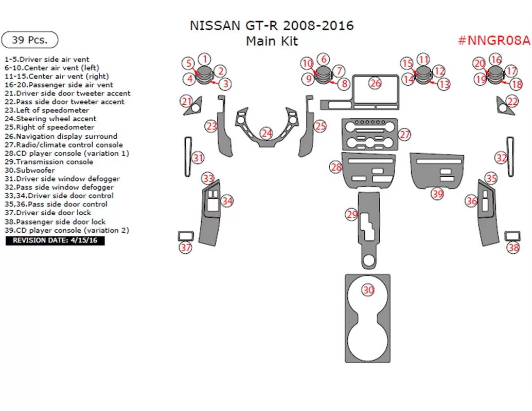 Nissan GT-R 2008-2016 main interior dash trim kit, 39 Pcs - 1