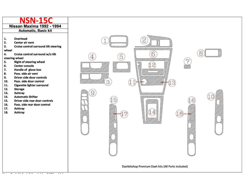 Nissan Maxima 1992-1994 Automatic Gearbox, Basic Set, 18 Parts set Interior BD Dash Trim Kit - 1