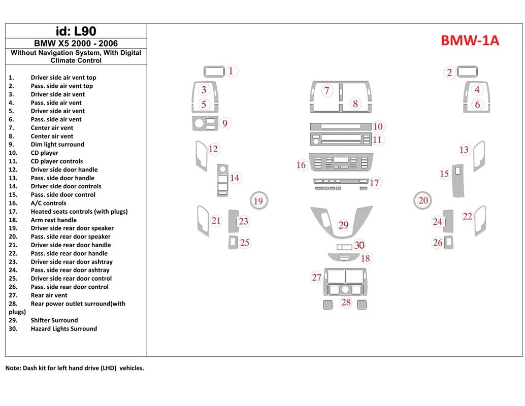 BMW X5 2000-2006 Zonder NAVI-systeem, Automatische versnellingsbak Aircobediening Interieur BD Dash Trim Kit - 1