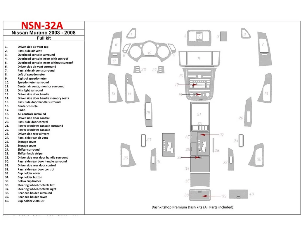 Nissan Murano 2003-2008 Ensemble complet de garnitures de tableau de bord intérieur BD - 1