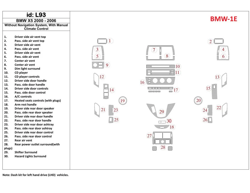 BMW X5 2000-2006 Zonder NAVI-systeem, Handgeschakelde versnellingsbak Aircobediening Interieur BD Dash Trim Kit - 1