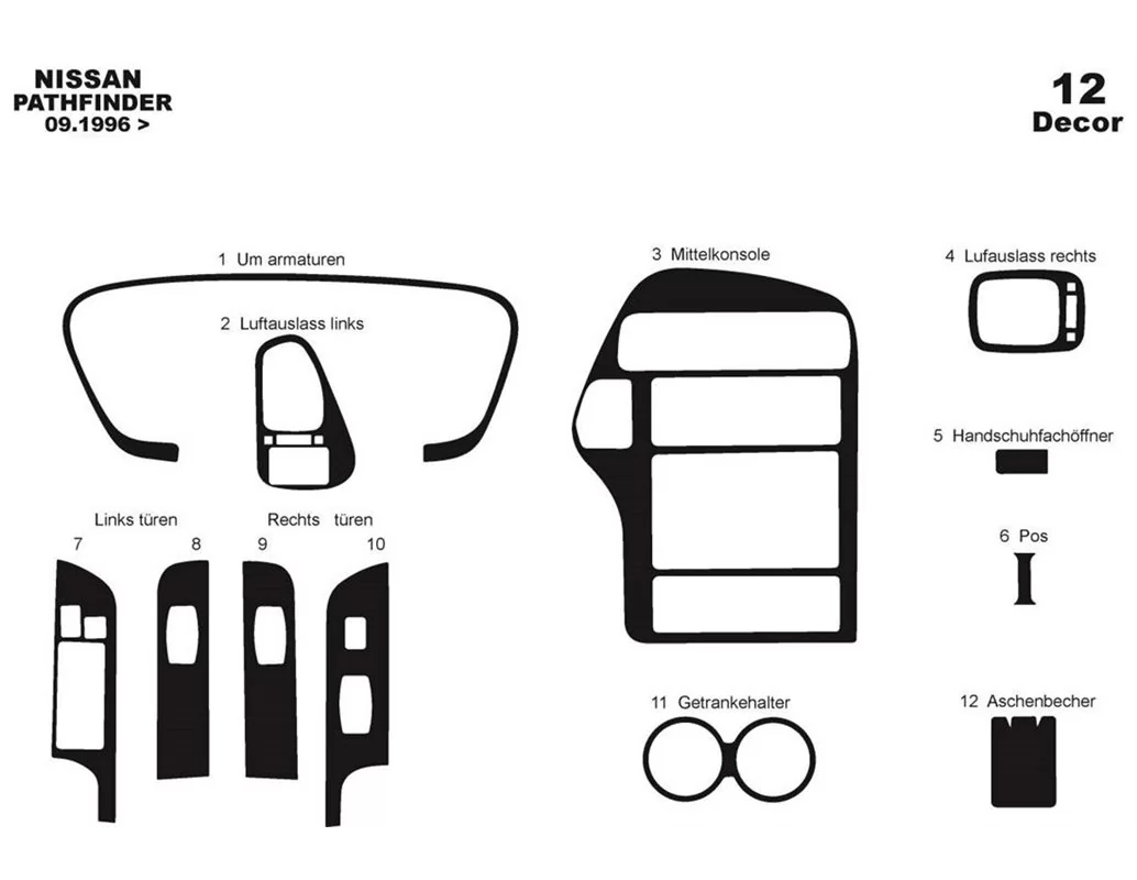 Nissan Pathfinder 09.96-12.01 Kit de garniture de tableau de bord intérieur 3D Dash Trim Dekor 12 pièces - 1