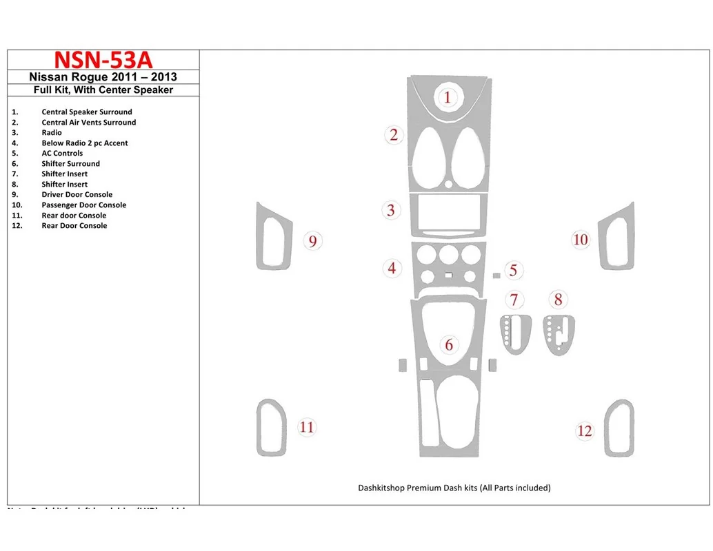 Ensemble complet Nissan Roque 2011-UP, avec kit de garniture de tableau de bord intérieur BD pour haut-parleur central - 1