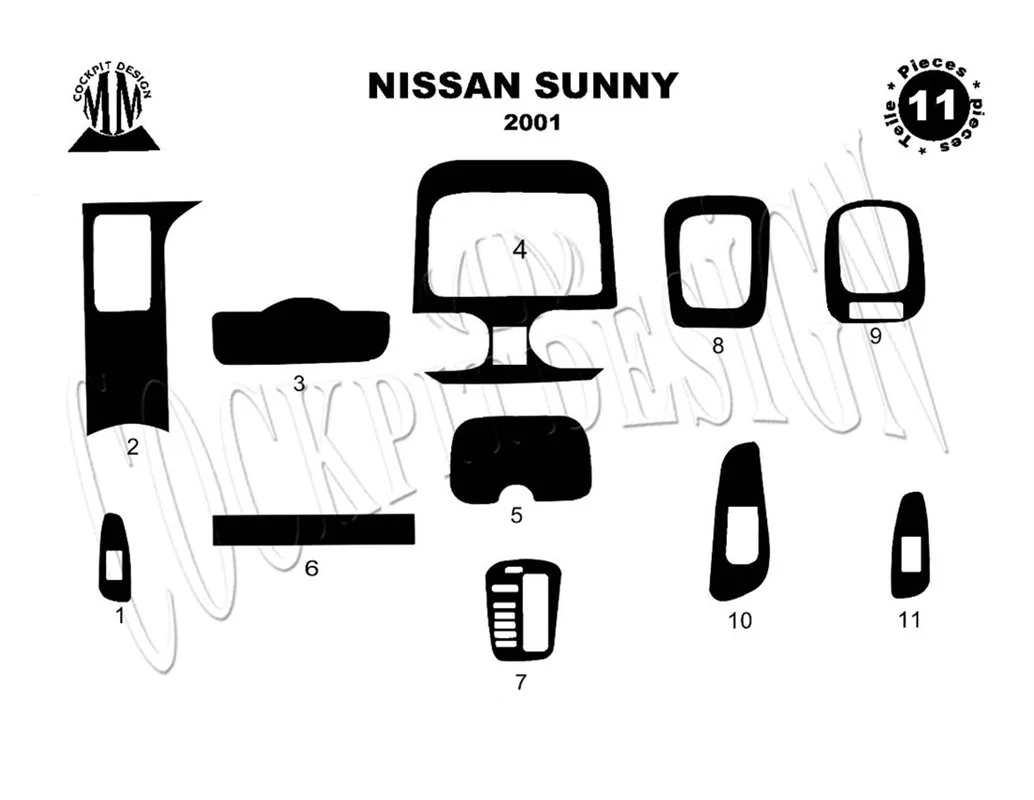 Nissan Sunny 01.2001 Kit de garniture de tableau de bord intérieur 3D Dash Trim Dekor 11-Parts - 1