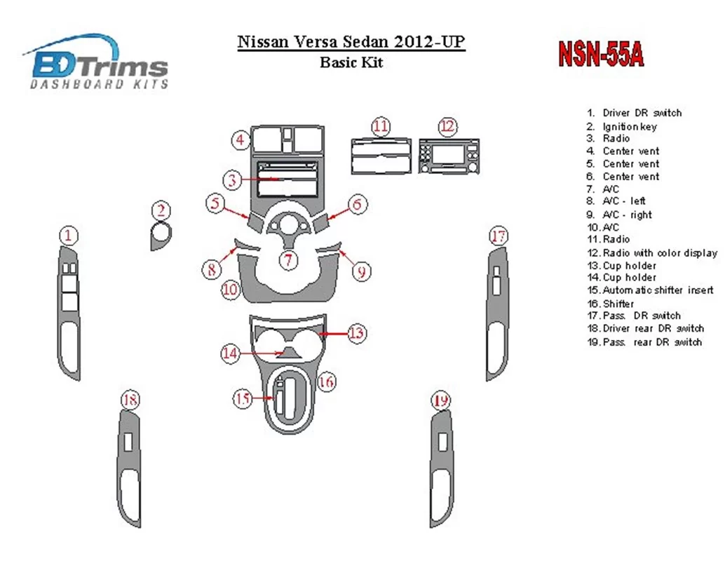 Nissan Versa 2012-UP Basic Set Interior BD Dash Trim Kit - 1