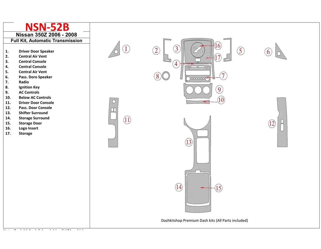 Nissan Z350 2006-2008 Ensemble complet, kit de garniture de tableau de bord intérieur BD à engrenage automatique - 1