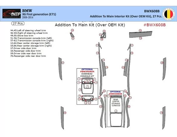 BMW X6 E71 2008-2014 Kit de garniture de tableau de bord intérieur 3D Dash Trim Dekor 27-Parts