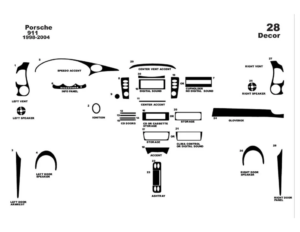 Porsche 911 1998-2004 3D Interior Dashboard Trim Kit Dash Trim Dekor 28-Parts - 1