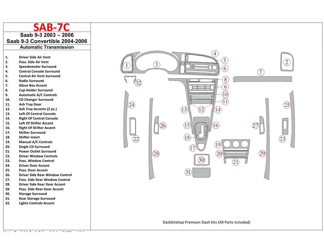 Saab 9-3 2003-2006 Automatic Gear, Sans Infotainment Center Interior BD Dash Trim Kit - 1