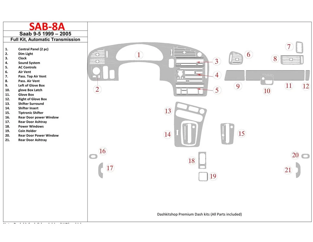 Saab 9-5 1999-2005 Ensemble complet, kit de décoration de tableau de bord BD intérieur à vitesse automatique - 1