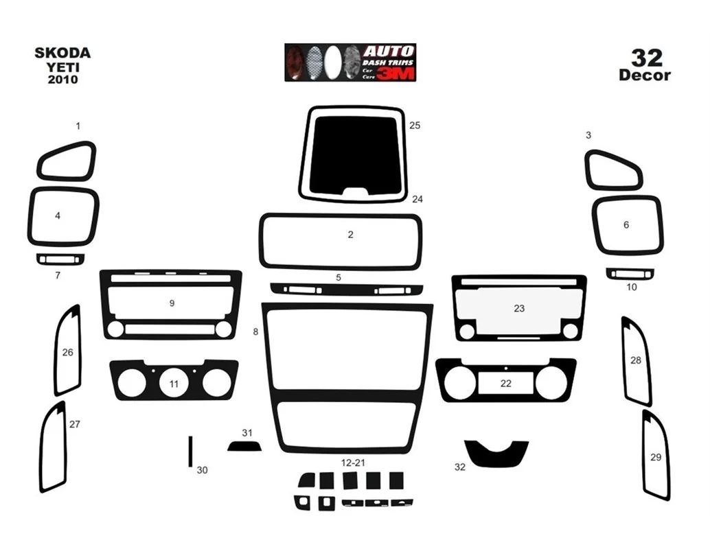 Skoda Yeti 01.2010 Kit de garniture de tableau de bord intérieur 3D Dash Trim Dekor 36-Parts - 1