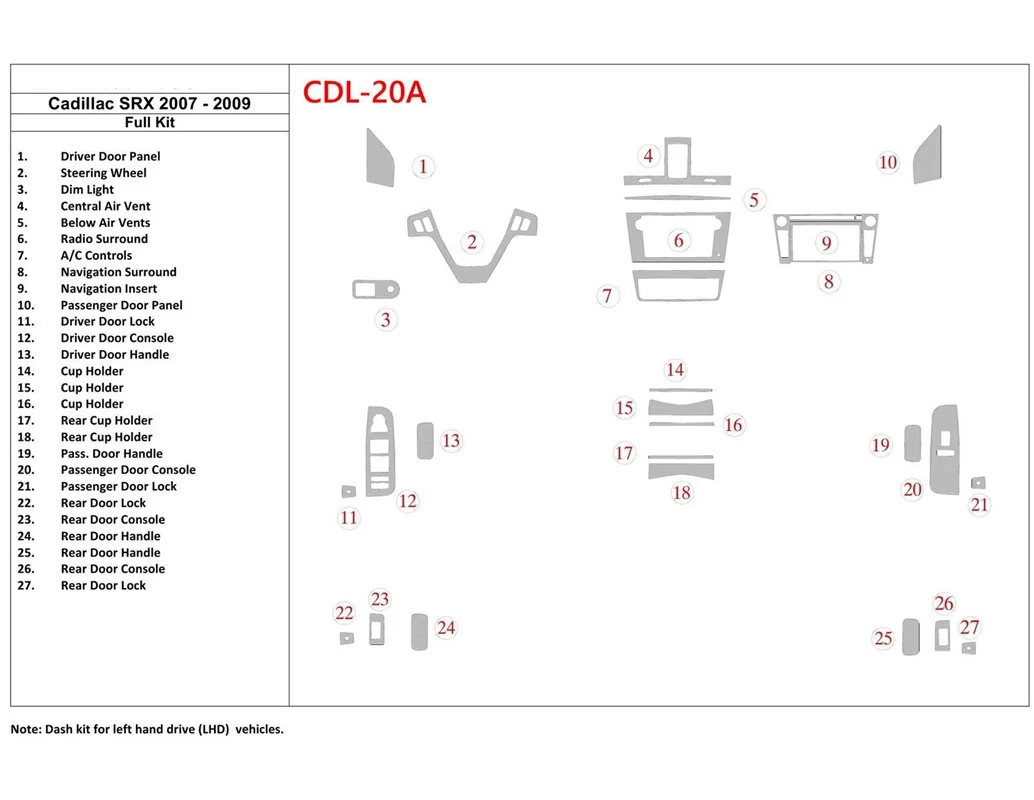Cadillac SRX 2007-2009 Kit complet de garnitures de tableau de bord intérieur BD - 1