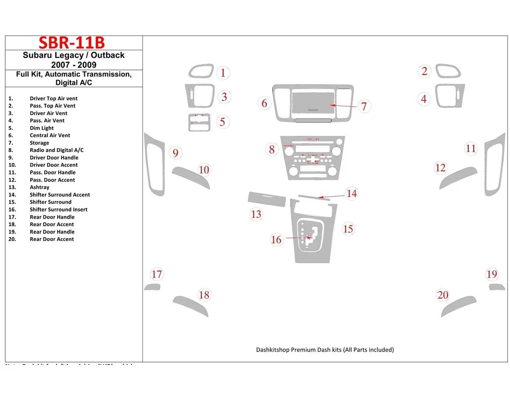 Subaru Legacy 2007-2009 Volledige set, automatische versnelling, automatische AC Interieur BD Dash Trim Kit - 1
