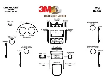Chevrolet Aveo 03.04-01.06 Kit de garniture de tableau de bord intérieur 3D Dash Trim Dekor 29-Parts