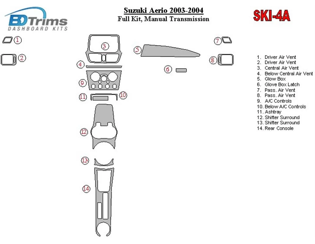 Suzuki Aerio 2003-2004 Volledige set, handgeschakelde versnellingsbak Interieur BD Dash Trim Kit - 1