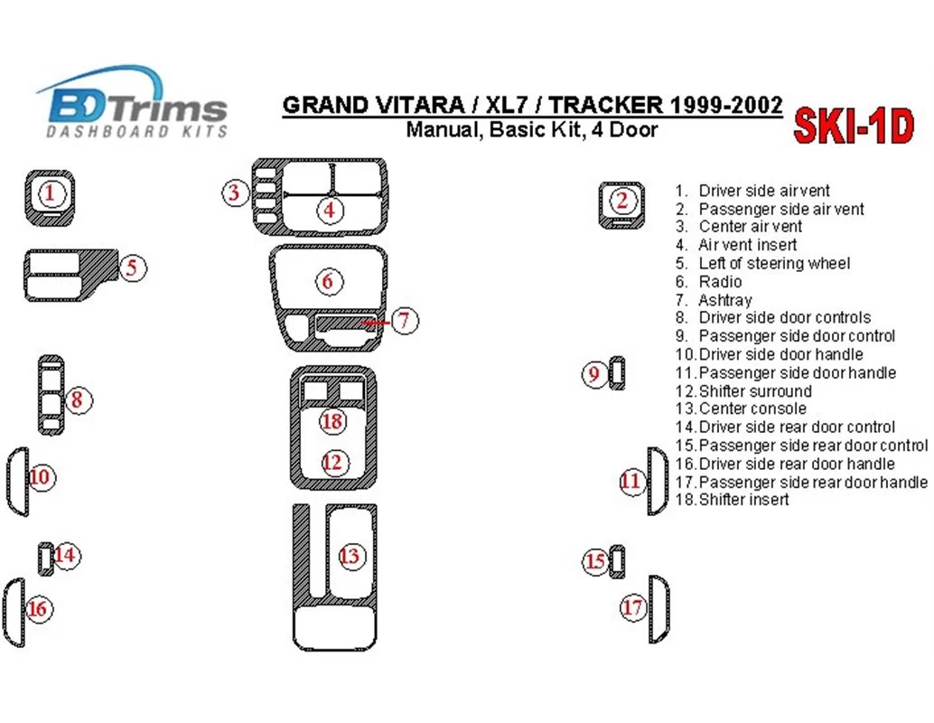 Suzuki Grand Vitara 1999-2002 Suzuki Gr? Vitara/XL7,1999-UP, handgeschakelde versnellingsbak, basisset, 4 deuren interieur BD da