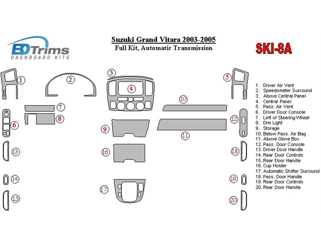 Suzuki Grand Vitara 2003-2005 Ensemble complet, kit de décoration de tableau de bord intérieur BD pour mission automatique - 1