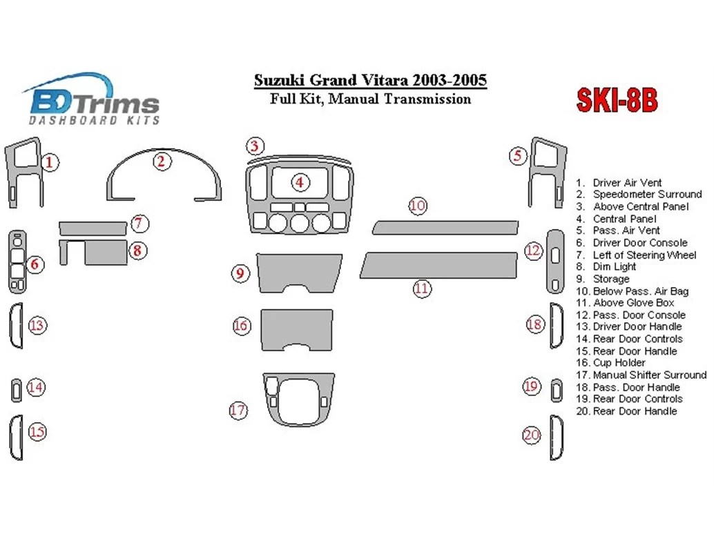 Suzuki Grand Vitara 2003-2005 Ensemble complet, kit de garniture de tableau de bord intérieur BD pour boîte de vitesses manuelle