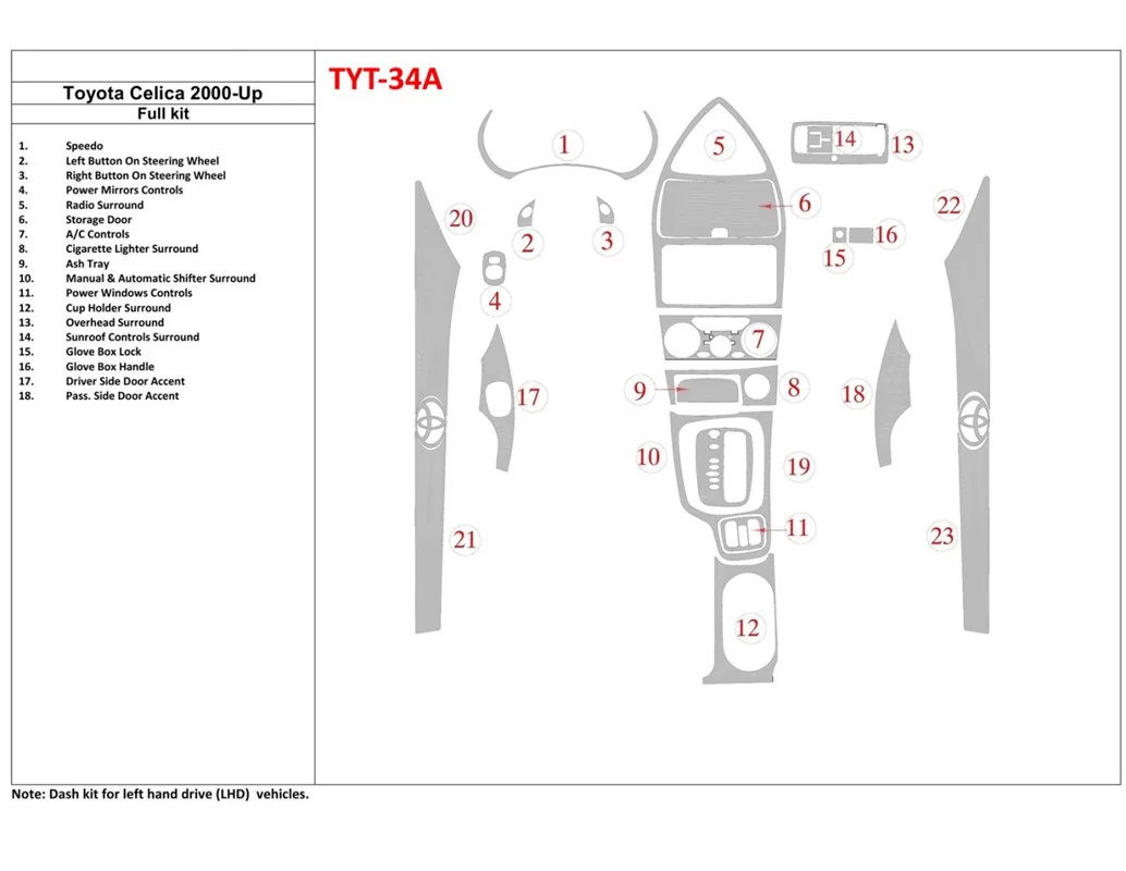 Kit Décoration Tableau de Bord Intérieur Toyota Celica 2000-UP 2 Portes - 1