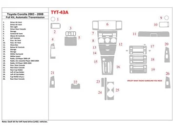Toyota Corolla 2003-2008 Ensemble complet de garnitures de tableau de bord intérieur BD - 1