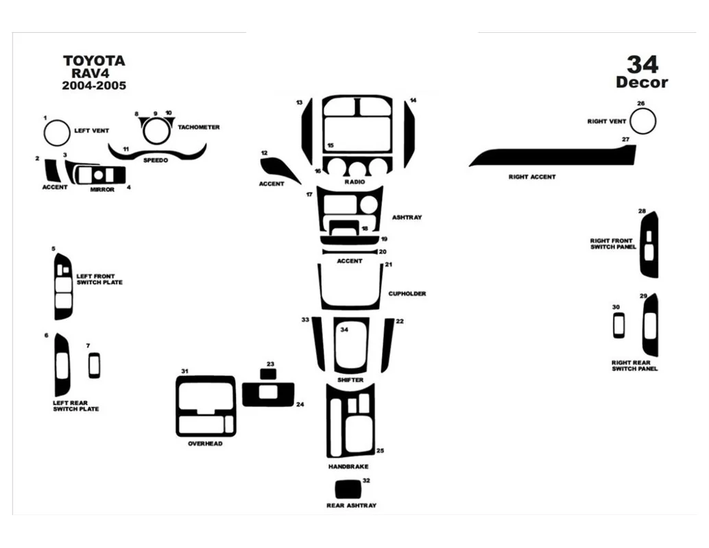 Toyota Rav 4 XA20 11.03-12.04 Kit de garniture de tableau de bord intérieur 3D Dash Trim Dekor 34-Parts - 1
