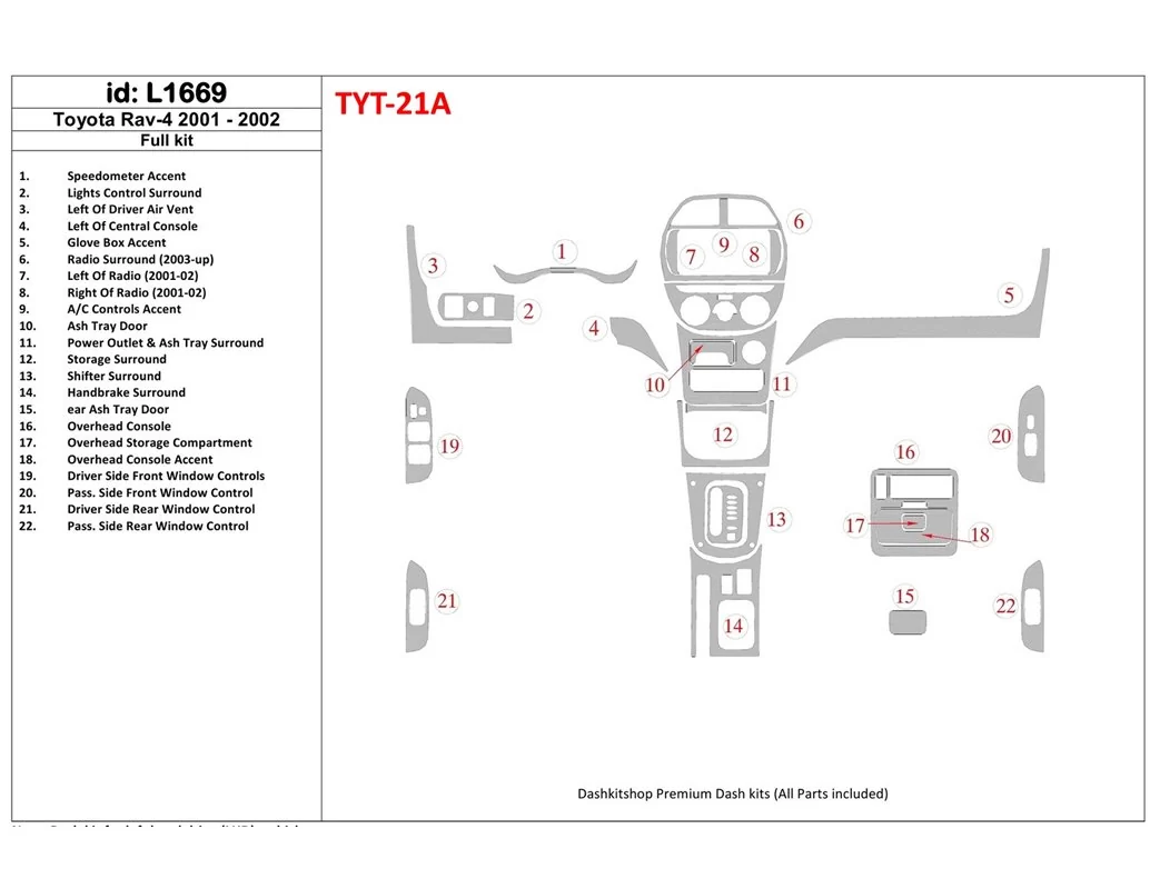 Toyota RAV-4 2001-2002 Ensemble complet de garnitures de tableau de bord intérieur BD - 1