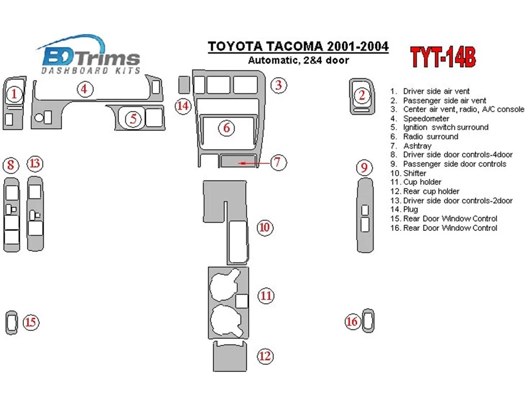 Toyota Tacoma 2000-2004 Automatic Gear, 2&4 Doors Interior BD Dash Trim Kit - 1