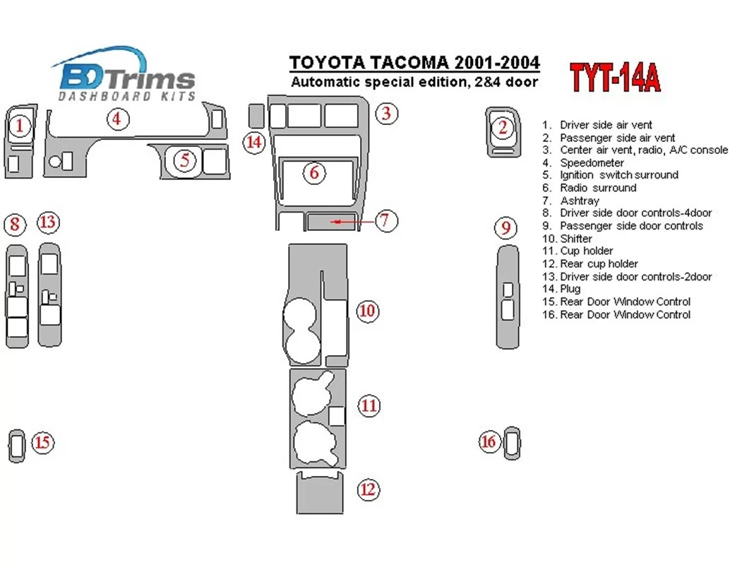 Toyota Tacoma 2000-2004 Automatic Gearbox special edition, 2&4 Doors Interior BD Dash Trim Kit - 1