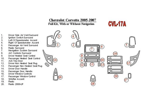 Chevrolet Corvette 2005-UP Ensemble complet, sans système NAVI Intérieur BD Dash Trim Kit