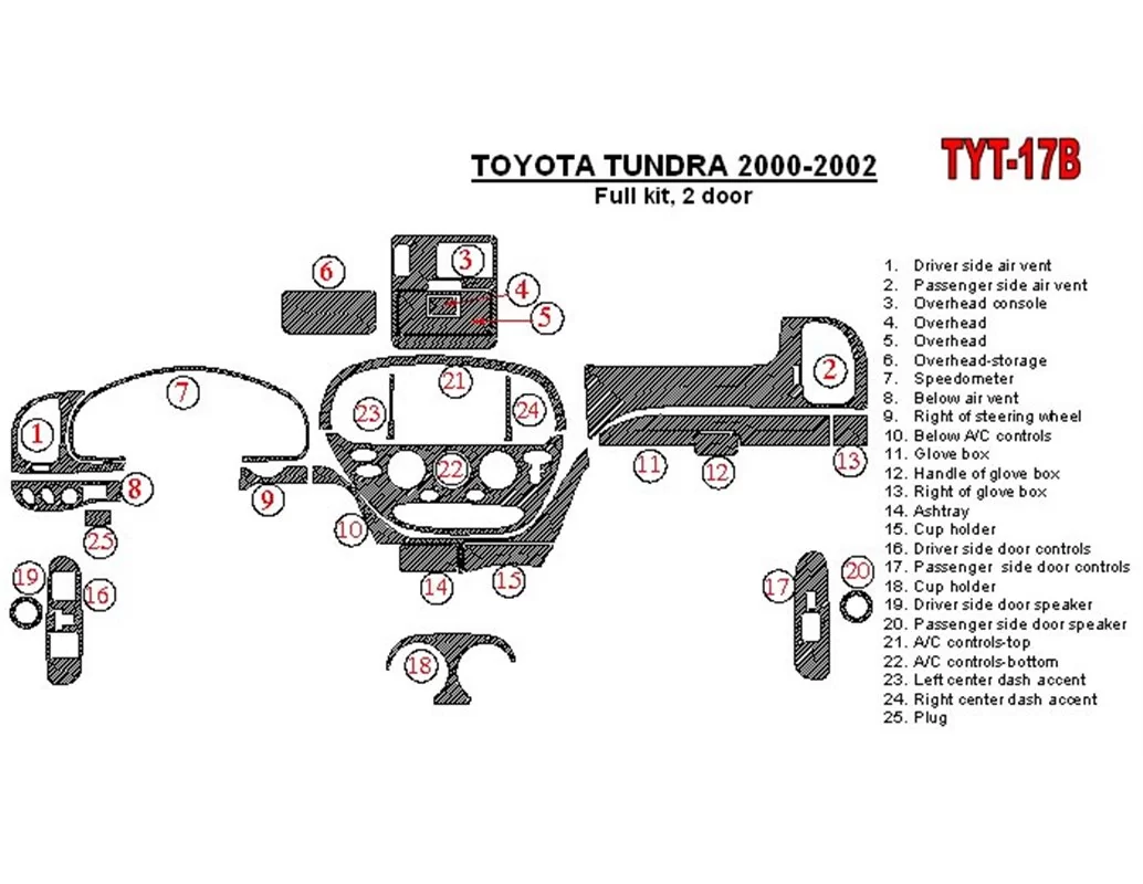 Toyota Tundra 2000-2002 2 portes, ensemble complet, ensemble de 25 pièces Kit de garniture de tableau de bord intérieur BD - 1