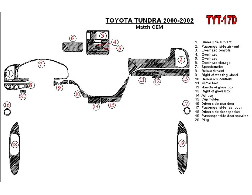 Toyota Tundra 2000-2002 4 portes, conformité OEM, kit de garniture de tableau de bord intérieur BD de 20 pièces - 1