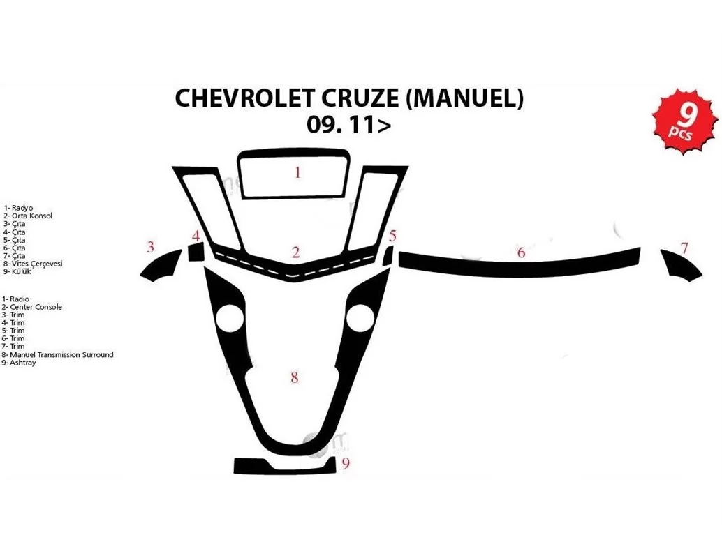 Car accessories Chevrolet Cruse Manuel 01.2009 3D Interior Dashboard Trim Kit Dash Trim Dekor 9-Parts