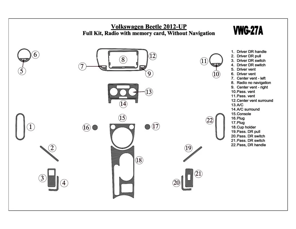 Volkswagen Kever 2012-UP Volledige set, audio SD-kaart, zonder NAVI Interieur BD Dash Trim Kit - 1