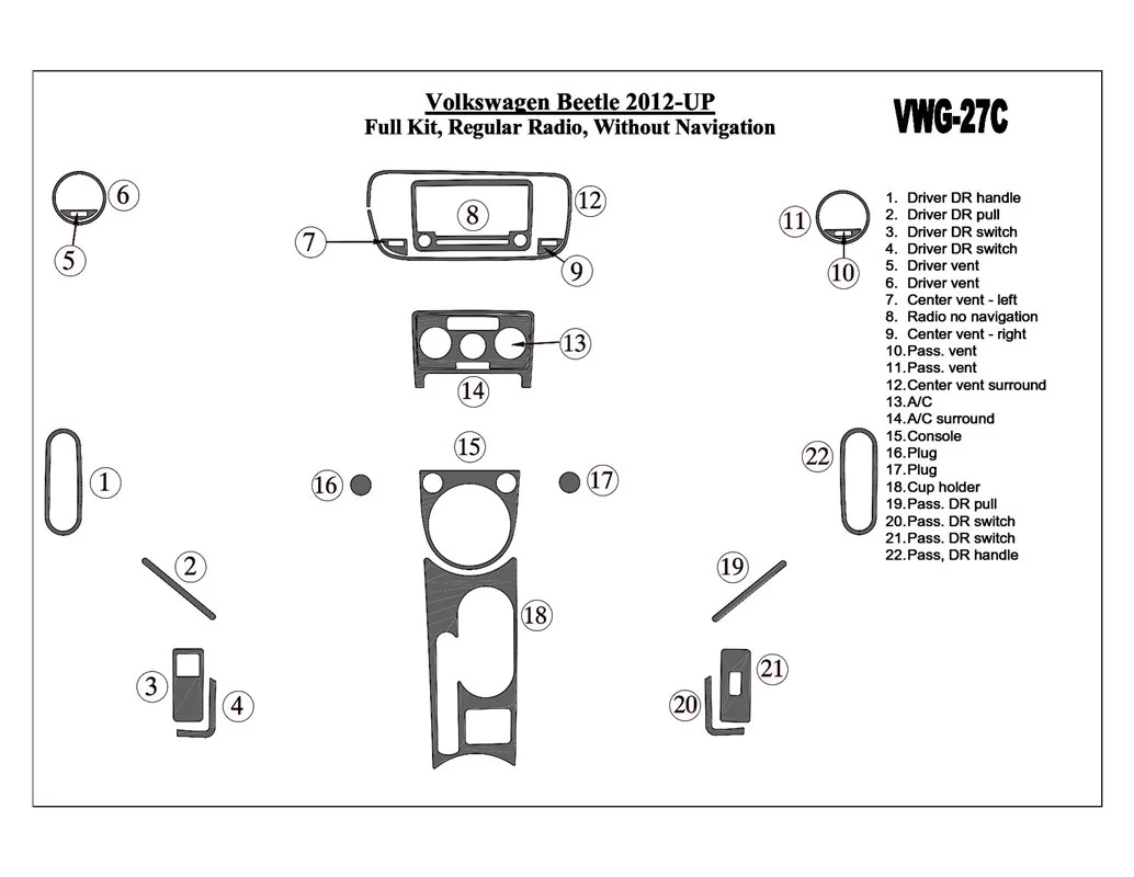 Volkswagen Beetle 2012-UP Volledige set, standaard audio, zonder NAVI interieur BD dashboardafwerkingsset - 1