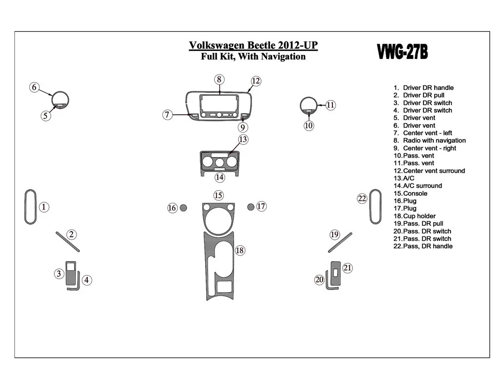 Volkswagen Beetle 2012-UP Ensemble complet, avec kit de garniture de tableau de bord intérieur NAVI BD - 1