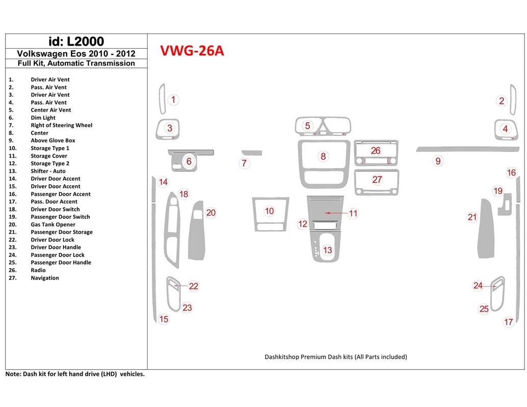 Volkswagen EOS 2013-UP Ensemble complet, kit de garniture de tableau de bord intérieur BD pour boîte de vitesses automatique - 1