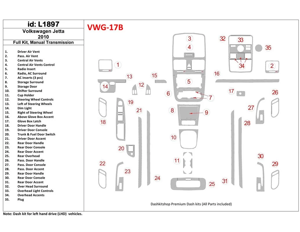 Volkswagen Jetta 2010-2010 Volledige set, handgeschakelde versnellingsbak Interieur BD Dash Trim Kit - 1