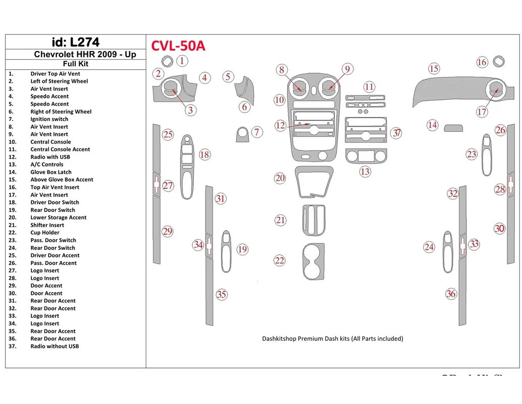 Chevrolet HHR 2009-UP Volledige set interieur BD Dash Trim Kit - 1